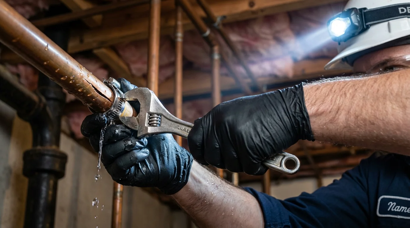Emergency pipe clamp repair being performed by a Johns Plumbing LLC plumber in Fort Madison
