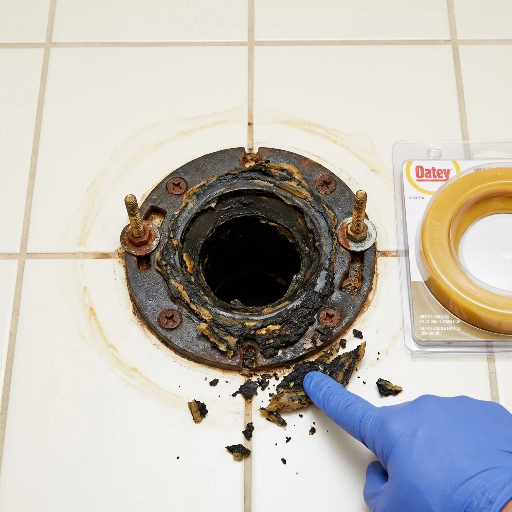 Failed wax ring showing water seepage at the base of a toilet in a Fort Madison, IA home