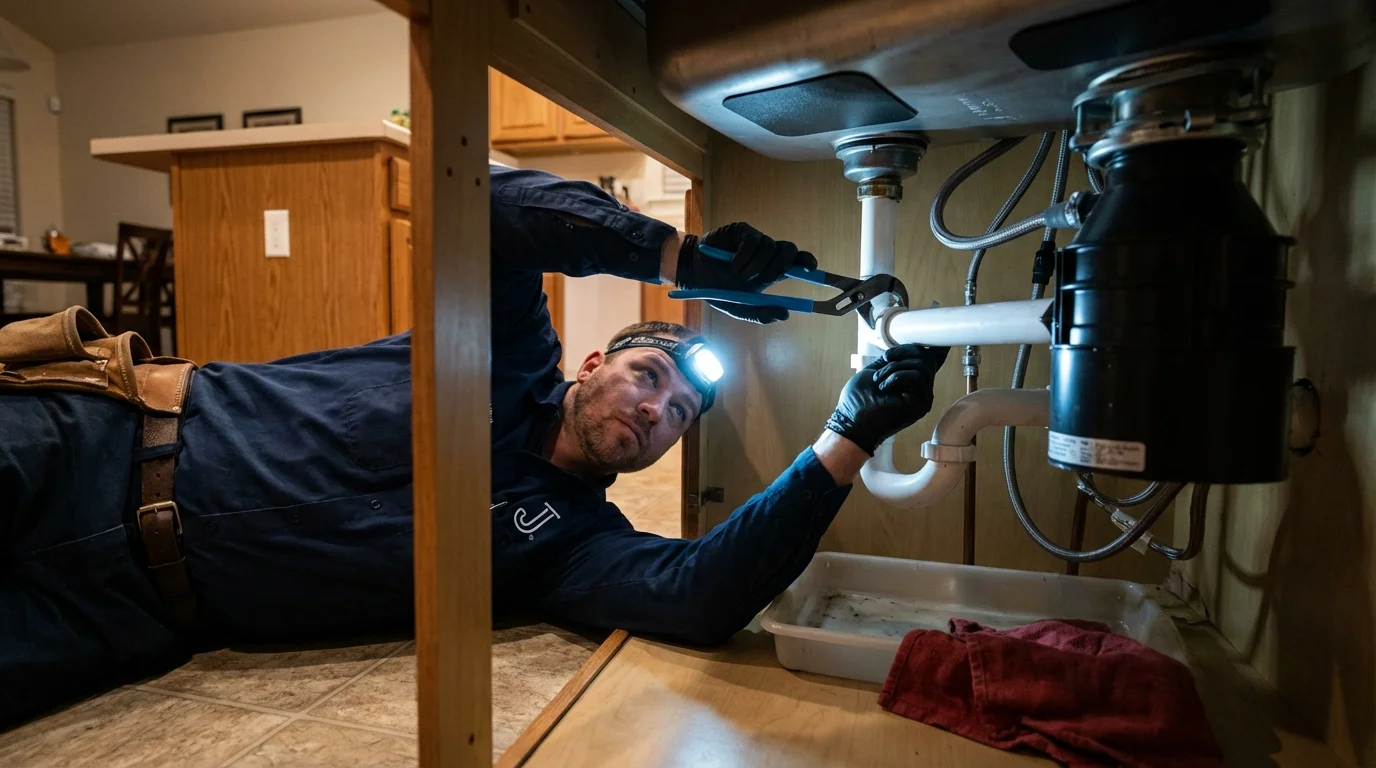 P-trap and supply line connections under a kitchen sink showing a common leak point in Fort Madison, IA